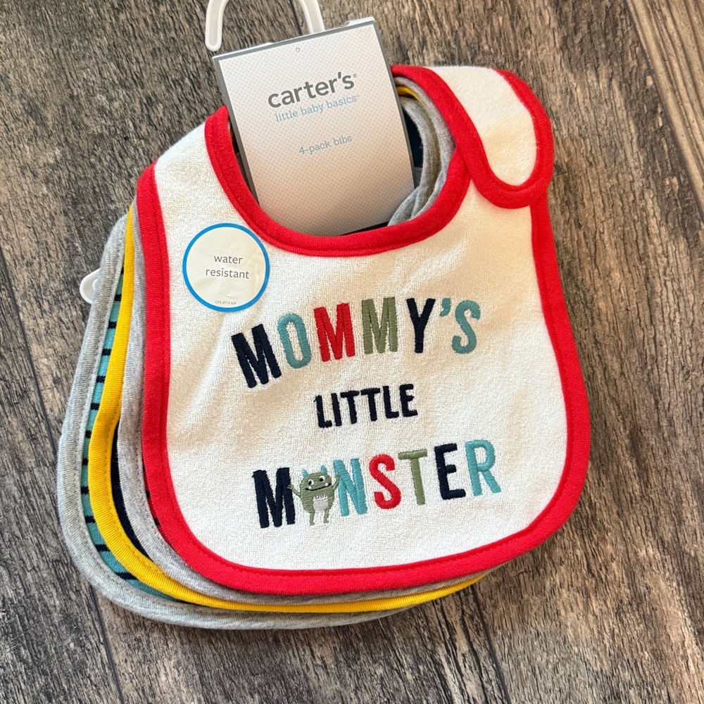 Carter's 4-Pack Water Resistant Bibs Velcro new cotton monster boys new